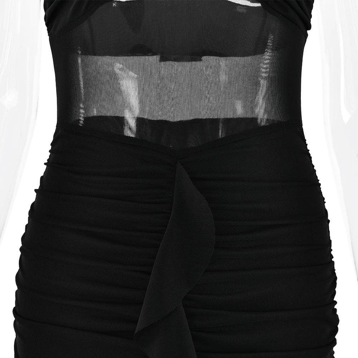 Halter patchwork mesh ruched ruffle maxi dress  | Festival Outfits Women