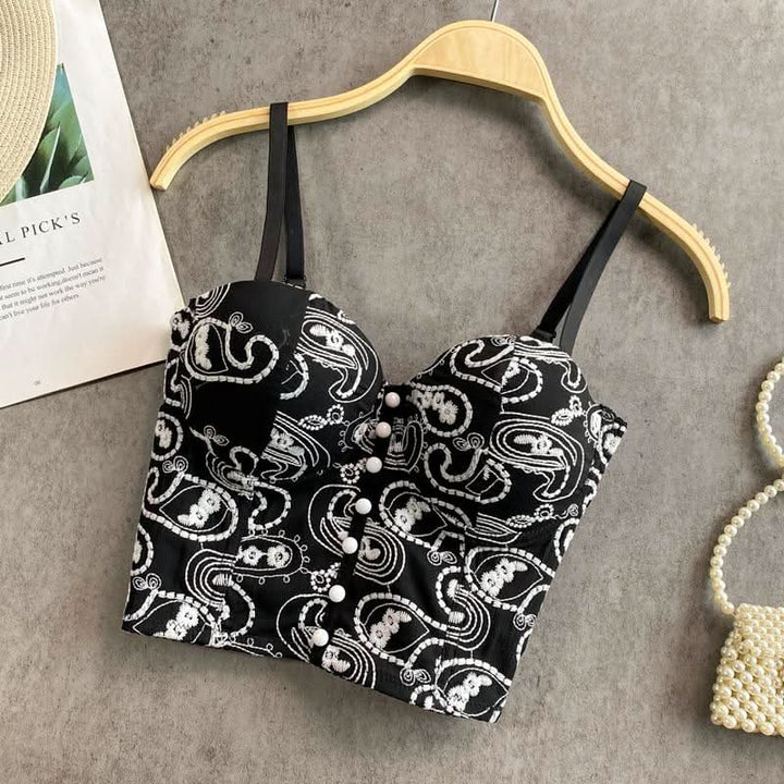 Embroidery v neck backless button cami top  | Festival Outfits Women