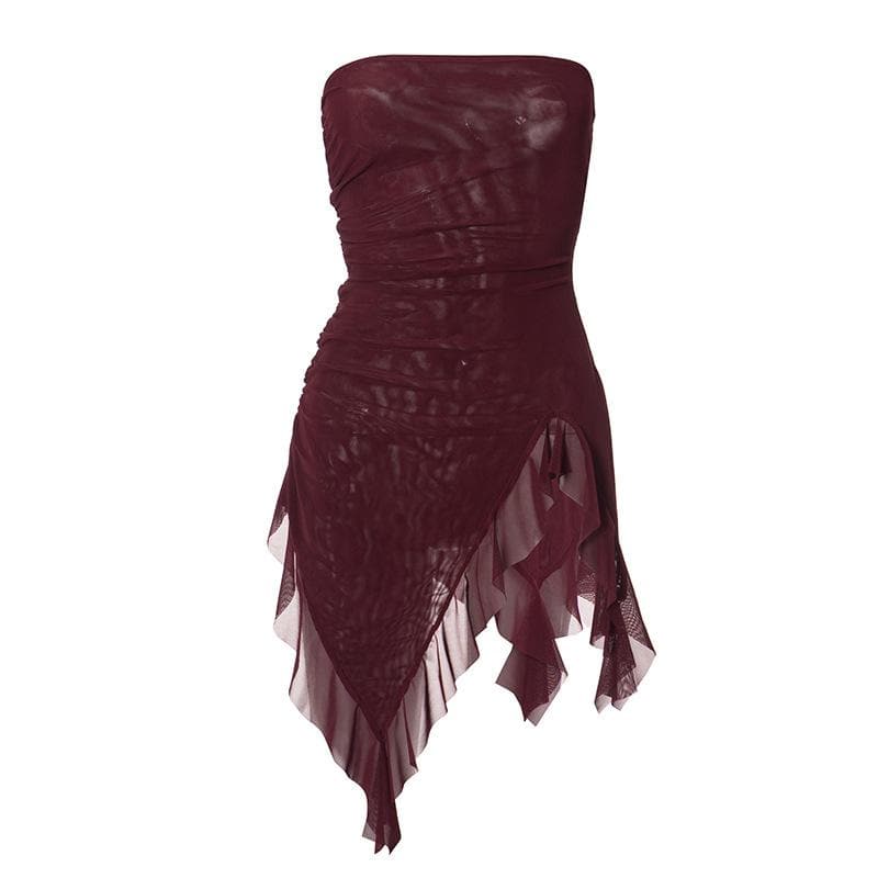 Sheer mesh ruffle ruched tube mini dress-final-sale