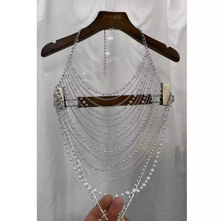 Halter metal chain beaded hollow out cut out top  | Festival Outfits Women-final-sale