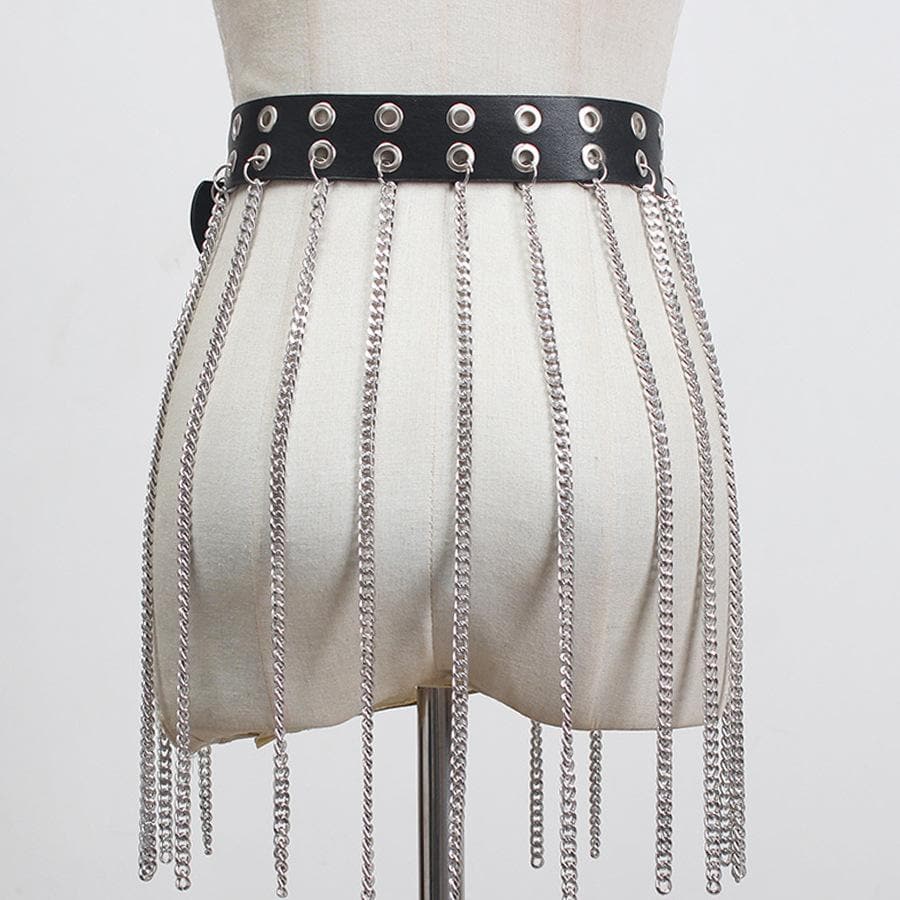 Metal chain tassel hollow out o ring PU leather belt  | Festival Outfits Women