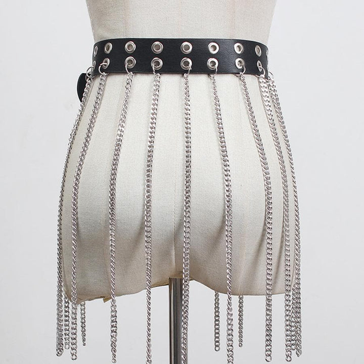 Metal chain tassel hollow out o ring PU leather belt  | Festival Outfits Women