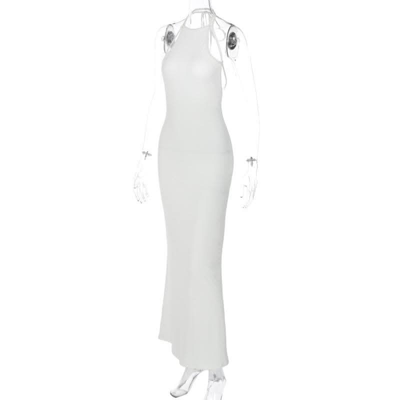 Halter solid sleeveless backless self tie maxi dress-final-sale  | Festival Outfits Women