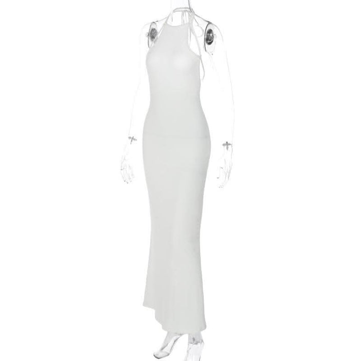 Halter solid sleeveless backless self tie maxi dress-final-sale  | Festival Outfits Women