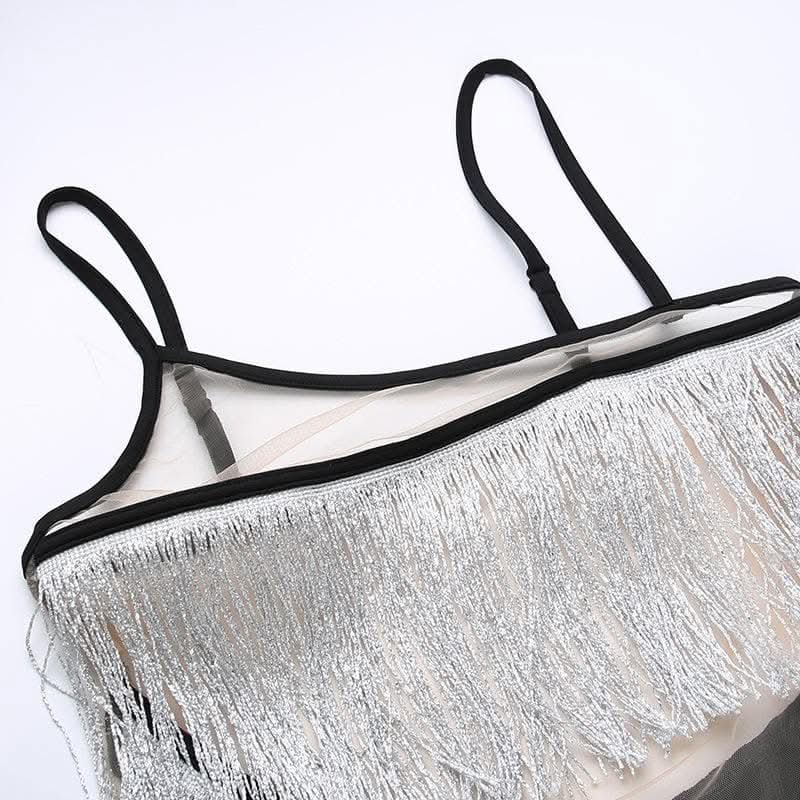 Irregular mesh see through tassels contrast backless cami bodysuit-final-sale  | Festival Outfits Women