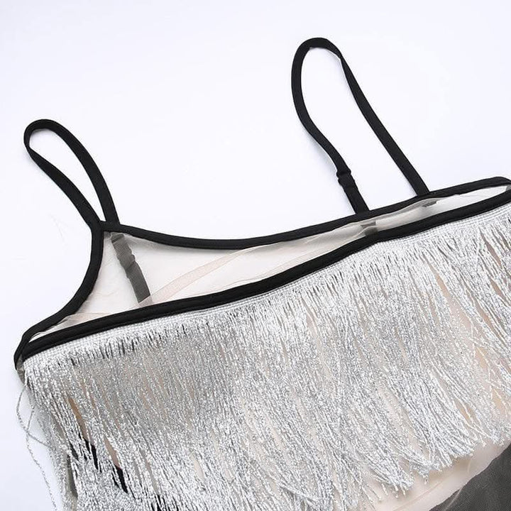 Irregular mesh see through tassels contrast backless cami bodysuit-final-sale  | Festival Outfits Women