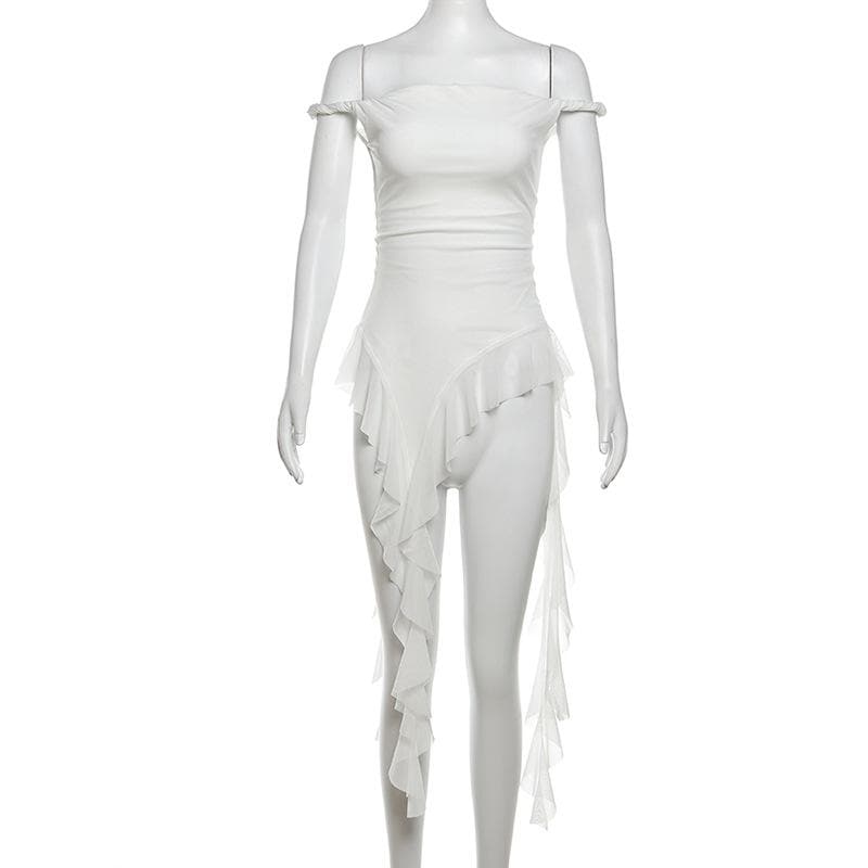 Off shoulder ruffle irregular mesh top  | Festival Outfits Women