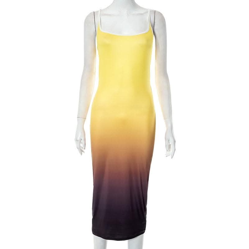 Gradient square neck backless contrast 2-way cami midi dress-final-sale  | Festival Outfits Women