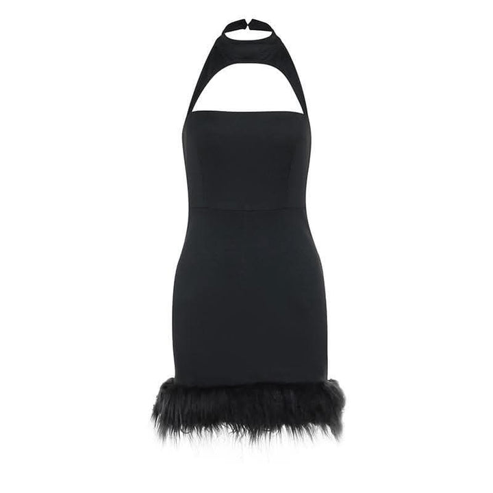 Hollow out halter fluffy backless button solid cut out mini dress-final-sale  | Festival Outfits Women