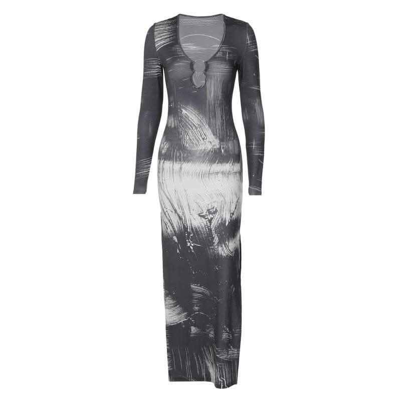 Slit long sleeve contrast o ring u neck maxi dress-final-sale  | Festival Outfits Women