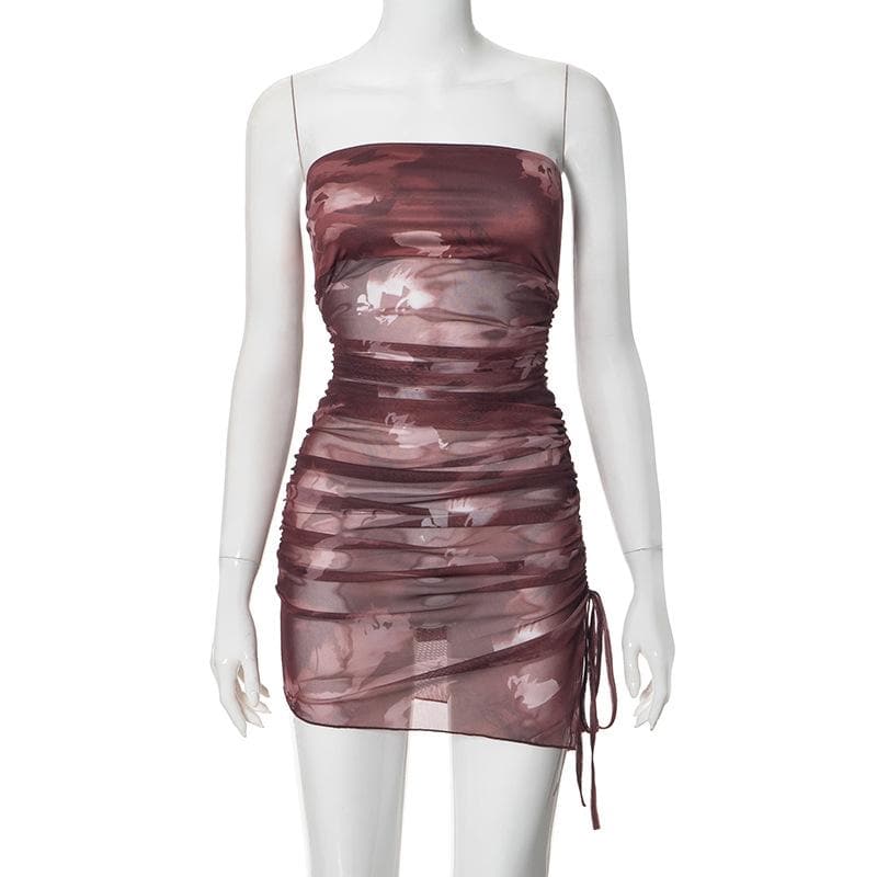 Drawstring tie dye mesh ruched tube mini dress  | Festival Outfits Women
