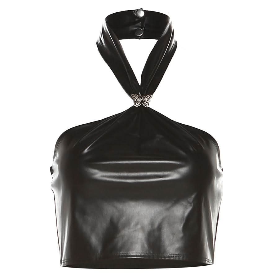 Halter PU leather button butterfly applique top  | Festival Outfits Women