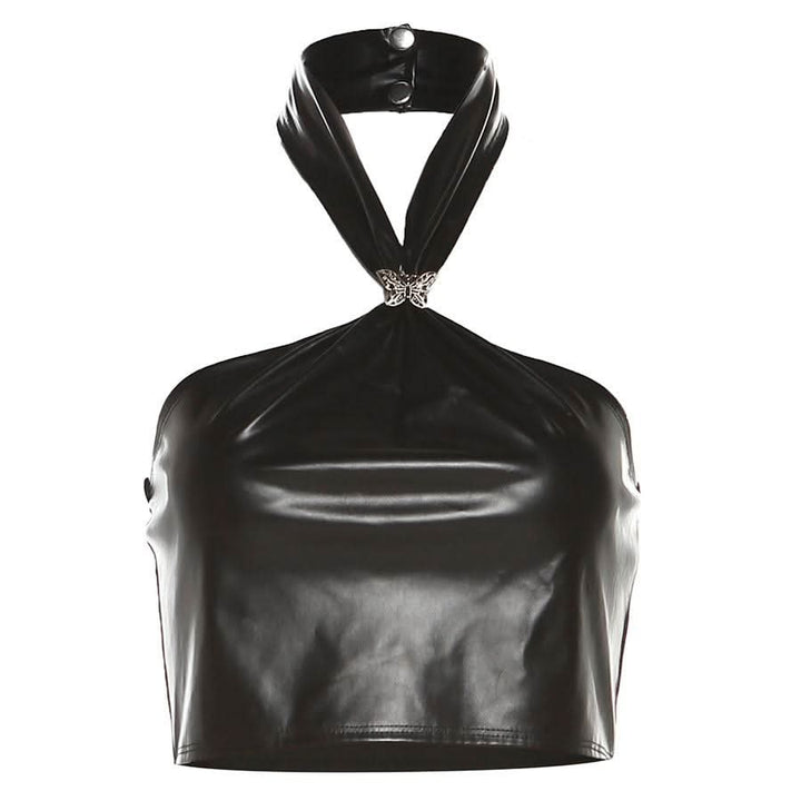 Halter PU leather button butterfly applique top  | Festival Outfits Women