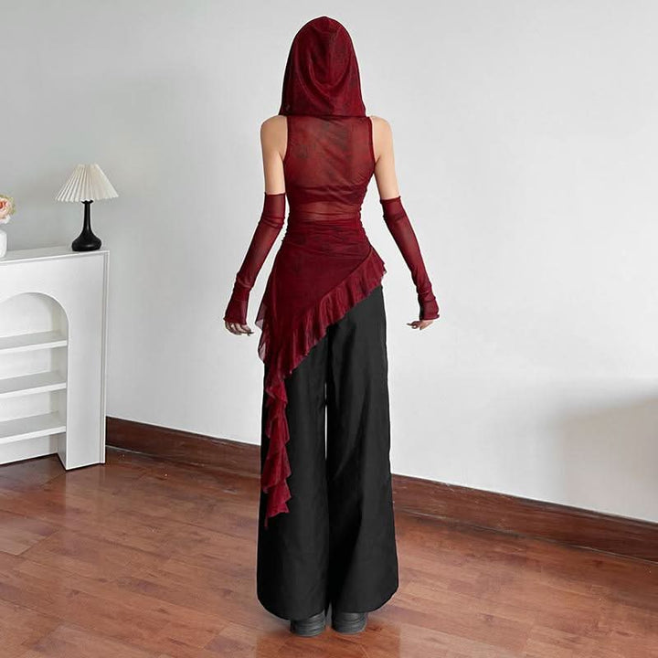 Hoodie cowl neck irregular gloves sheer mesh top  | Festival Outfits Women