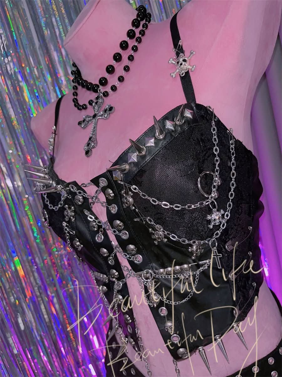 Metal chain rivet lace up PU leather cami top  | Festival Outfits Women-final-sale