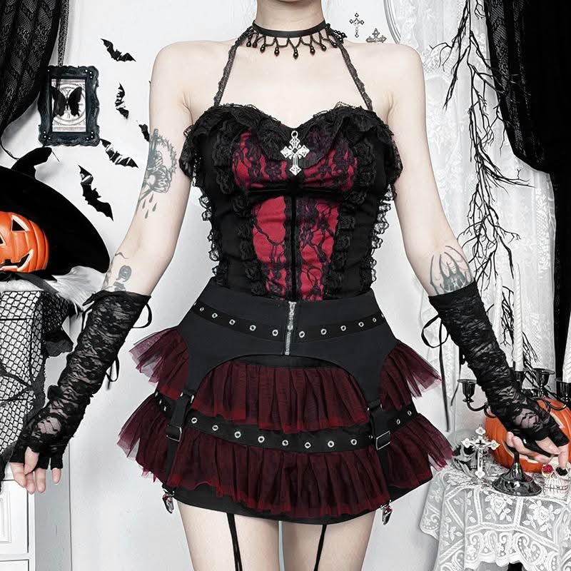 Halter lace hem cross pattern ruffle top  | Festival Outfits Women