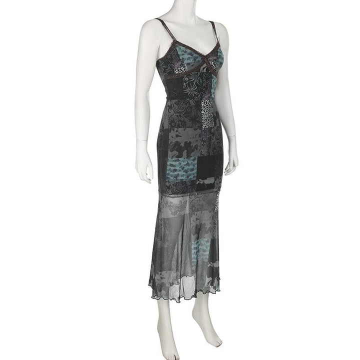 V neck print lace hem mesh cami midi dress  | Festival Outfits Women