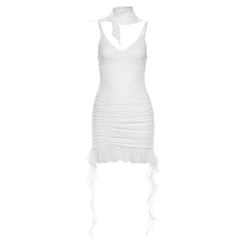Ruched ruffle lace 2-way v neck cami mini dress  | Festival Outfits Women