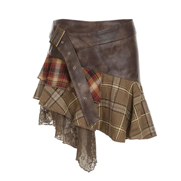 PU leather plaid patchwork belt lace hem mini skirt Cargo Mini Skirt  | Festival Outfits Women
