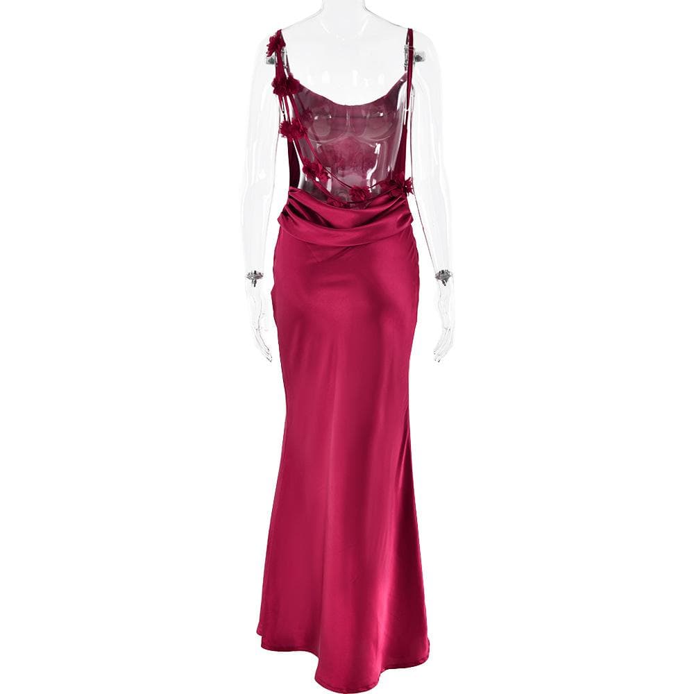 Cowl neck satin flower applique backless cami maxi dress  | Festival Outfits Women