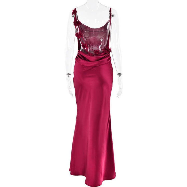 Cowl neck satin flower applique backless cami maxi dress  | Festival Outfits Women