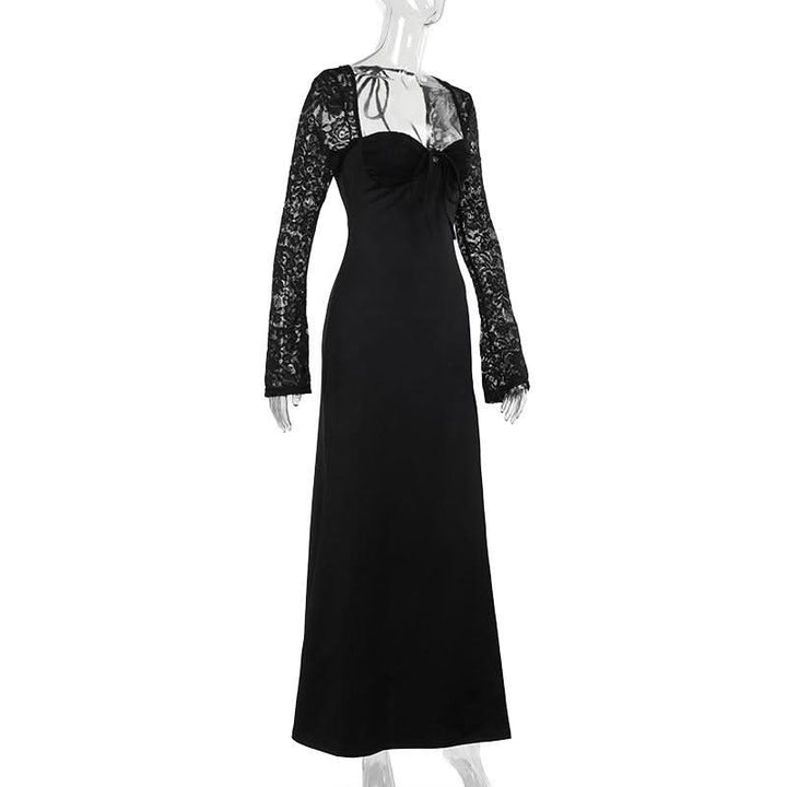 Sweetheart neck long sleeve self tie slit maxi dress  | Festival Outfits Women
