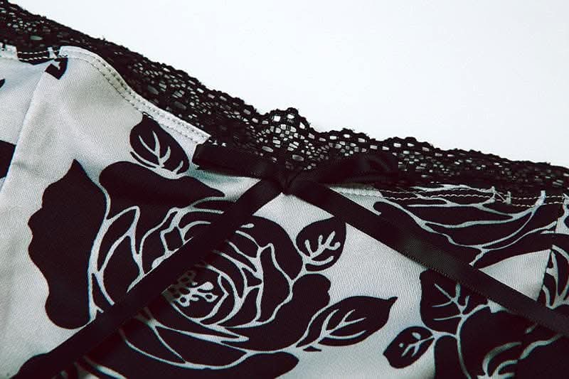 Rose print lace hem contrast spaghetti strap mini dress-final-sale