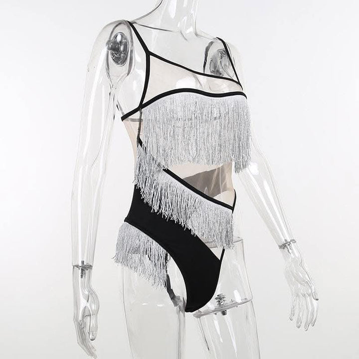 Irregular mesh see through tassels contrast backless cami bodysuit-final-sale  | Festival Outfits Women