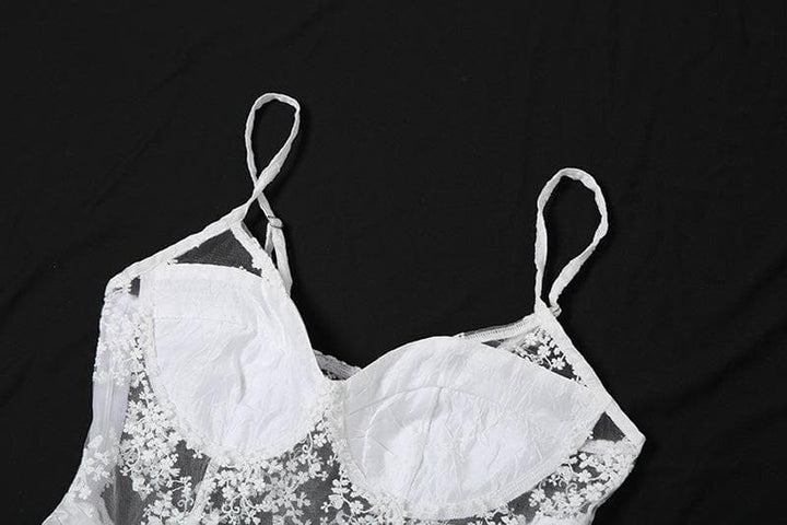 Mesh embroidery ruffle backless cami top  | Festival Outfits Women