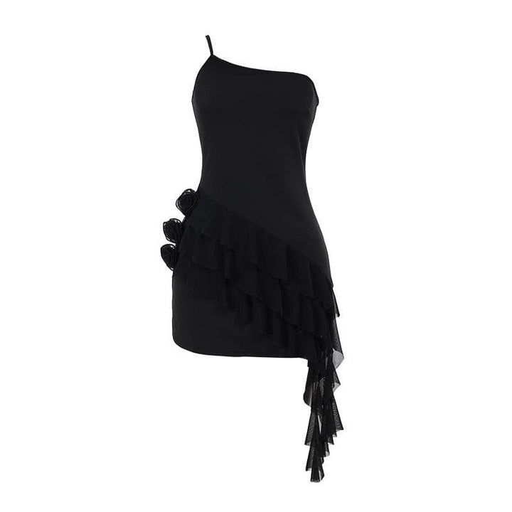 One shoulder ruffle flower applique mini dress  | Festival Outfits Women