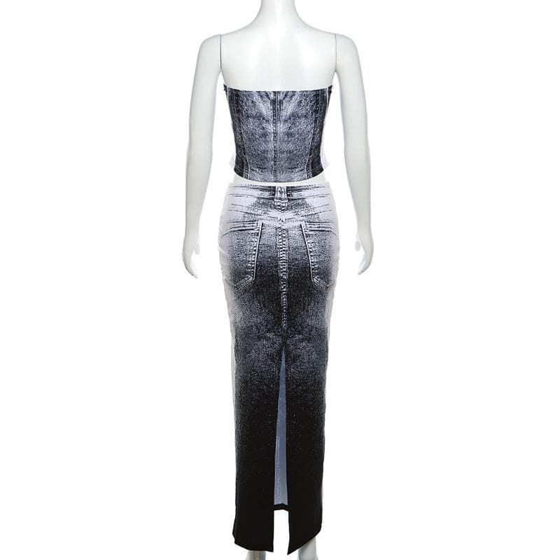 Contrast denim print slit backless tube maxi skirt set-final-sale  | Festival Outfits Women