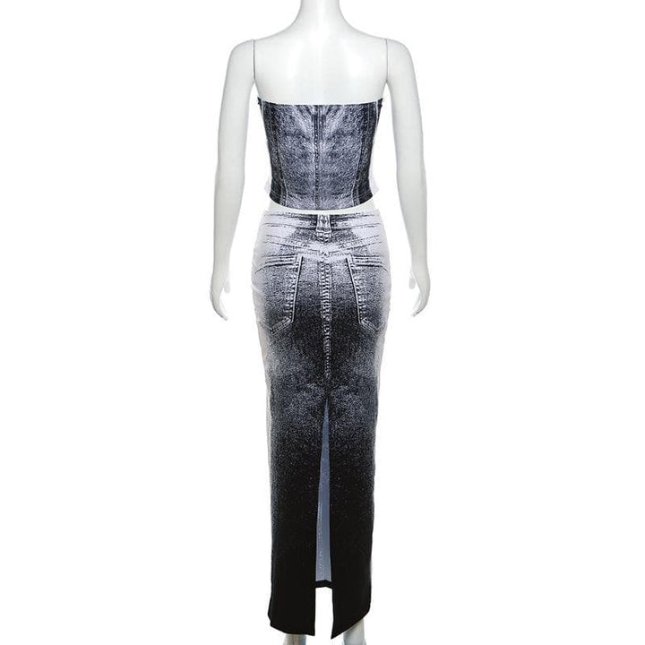 Contrast denim print slit backless tube maxi skirt set-final-sale  | Festival Outfits Women