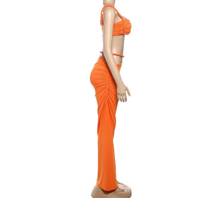 Irregular hollow out ruched v neck cami maxi skirt set  | Festival Outfits Women