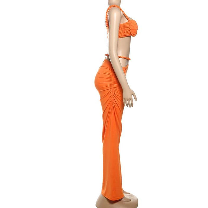 Irregular hollow out ruched v neck cami maxi skirt set  | Festival Outfits Women