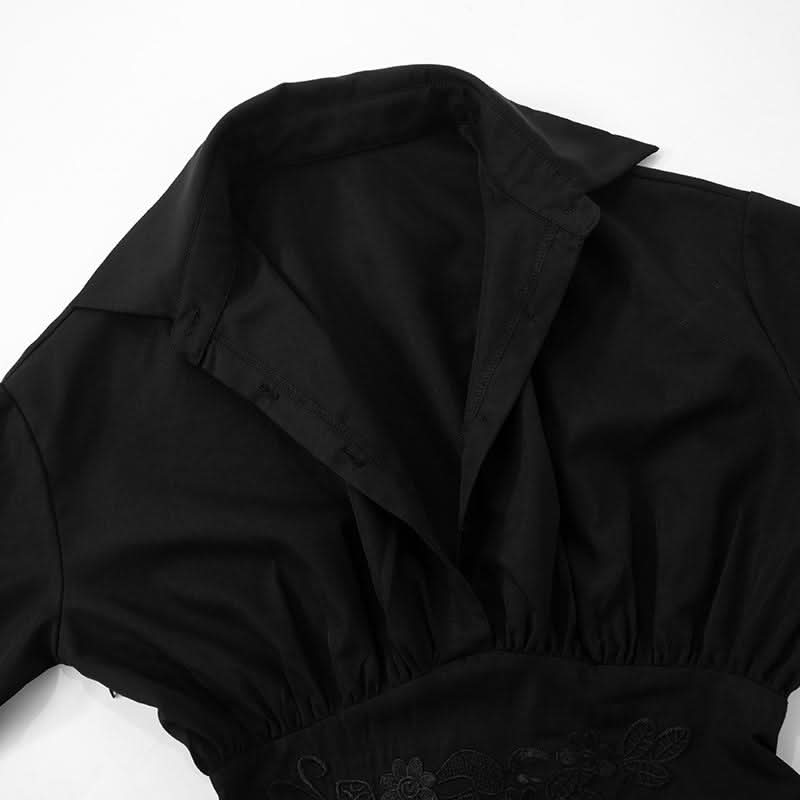 Zip-up long sleeve turnover collar embroidery mini dress  | Festival Outfits Women