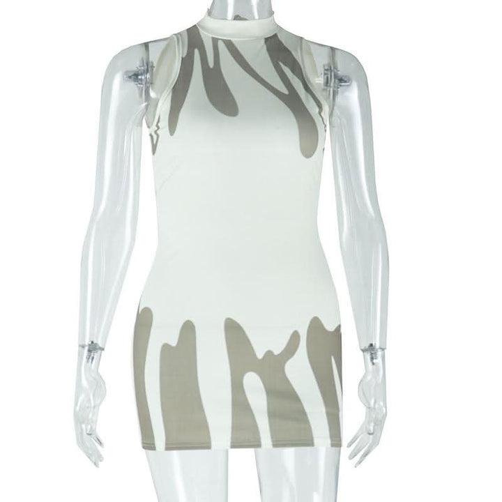 Ribbed self tie crewneck print backless mini dress  | Festival Outfits Women