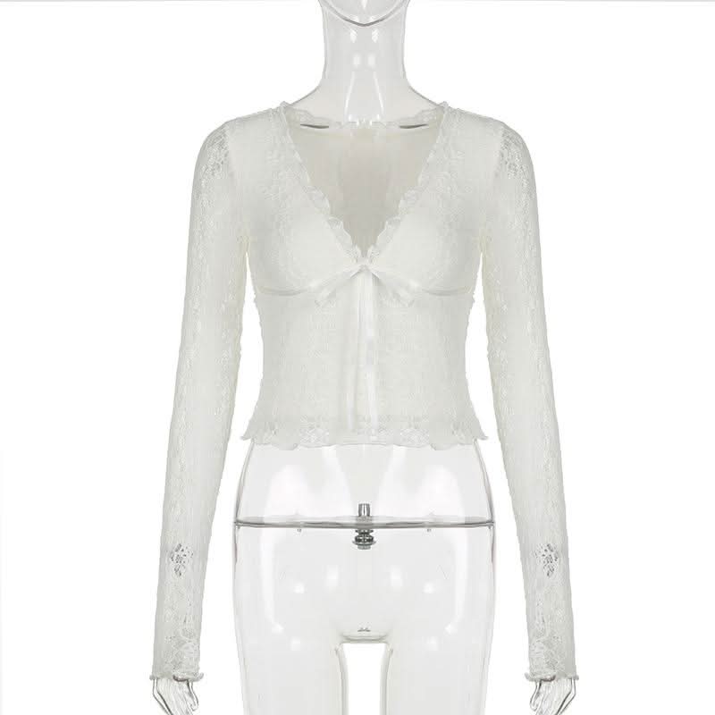 V neck long sleeve lace bowknot top  | Festival Outfits Women-final-sale