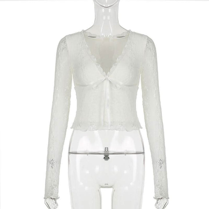 V neck long sleeve lace bowknot top  | Festival Outfits Women-final-sale