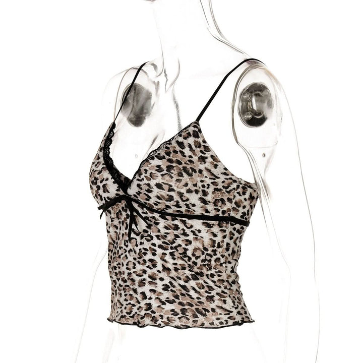 V neck bowknot leopard print cami top  | Festival Outfits Women  | Cheetah Print Top