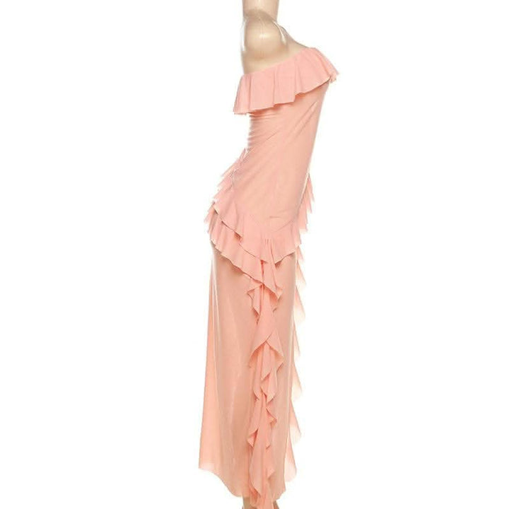 Ruffle solid slit irregular backless tube midi dress-final-sale  | Festival Outfits Women