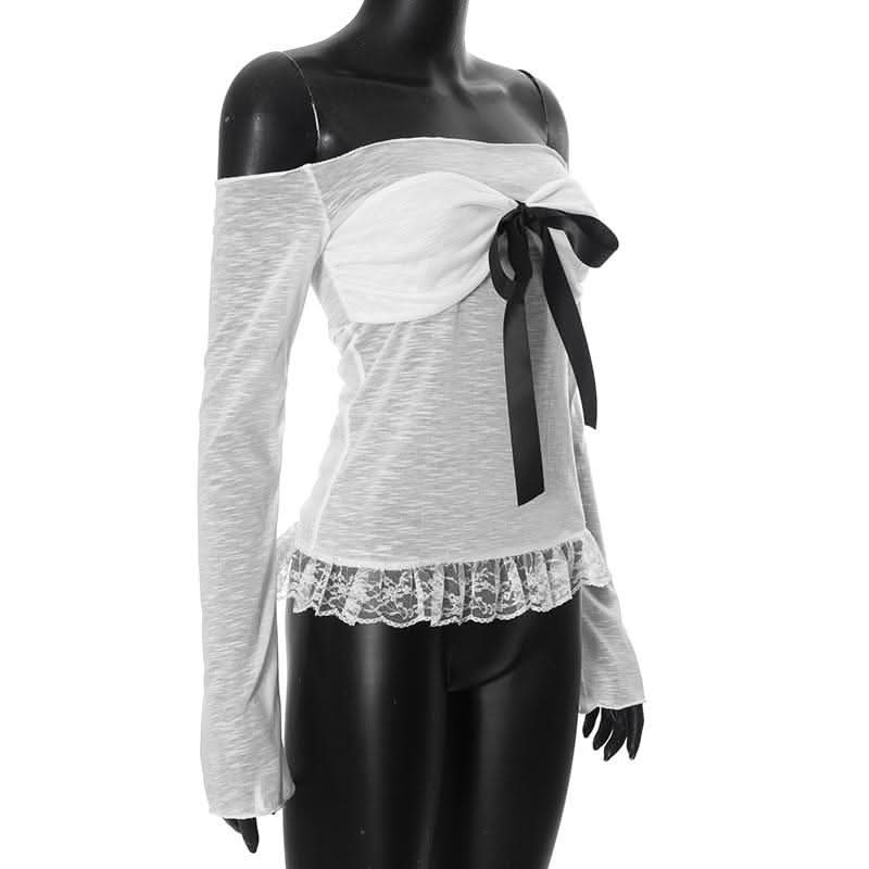 Off shoulder bowknot lace hem mesh long sleeve top-final-sale