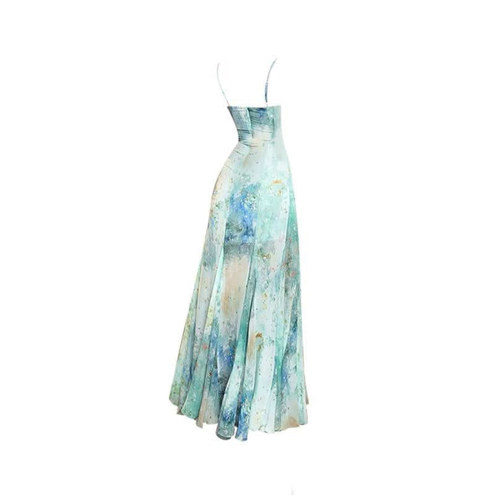 V neck print backless contrast cami maxi dress  | Festival Outfits Women