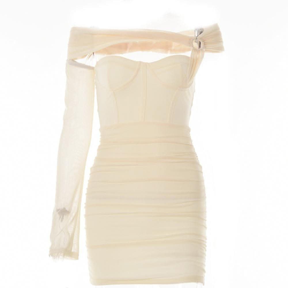 Solid one shoulder o ring hollow out mesh backless cut out mini dress-final-sale  | Festival Outfits Women