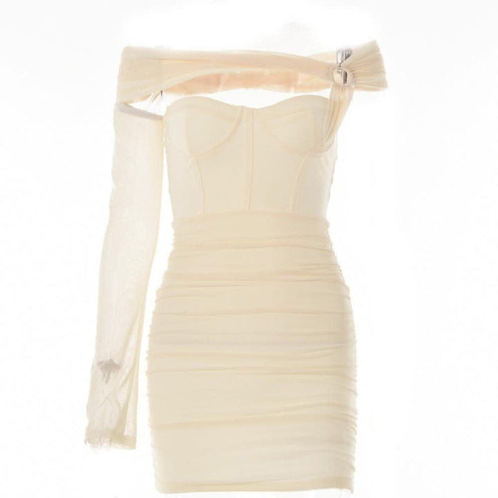 Solid one shoulder o ring hollow out mesh backless cut out mini dress-final-sale  | Festival Outfits Women