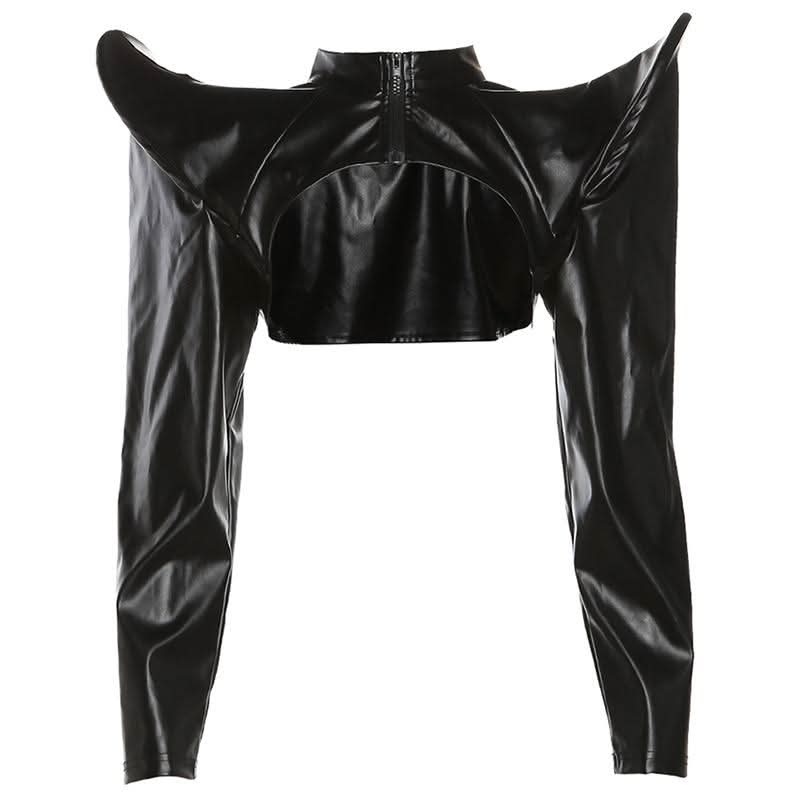 PU leather long sleeve zip-up crop top  | Festival Outfits Women
