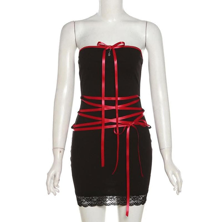 Lace up contrast lace hem bowknot backless tube mini dress-final-sale  | Festival Outfits Women