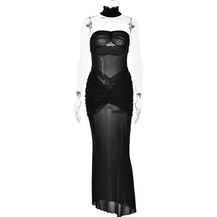 Sweetheart neck ruched see through glitter tube maxi dress  | Festival Outfits Women