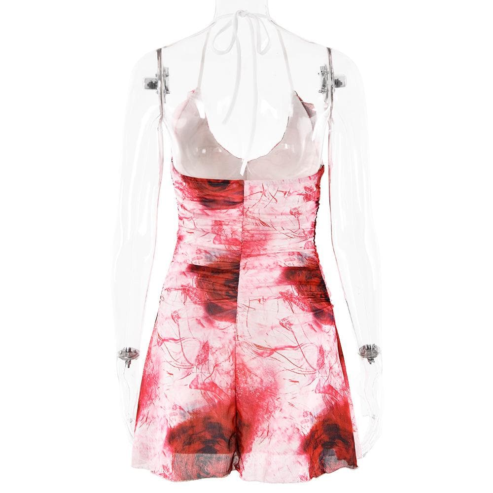 Halter ruffle rose print ruched backless cami mini dress  | Festival Outfits Women