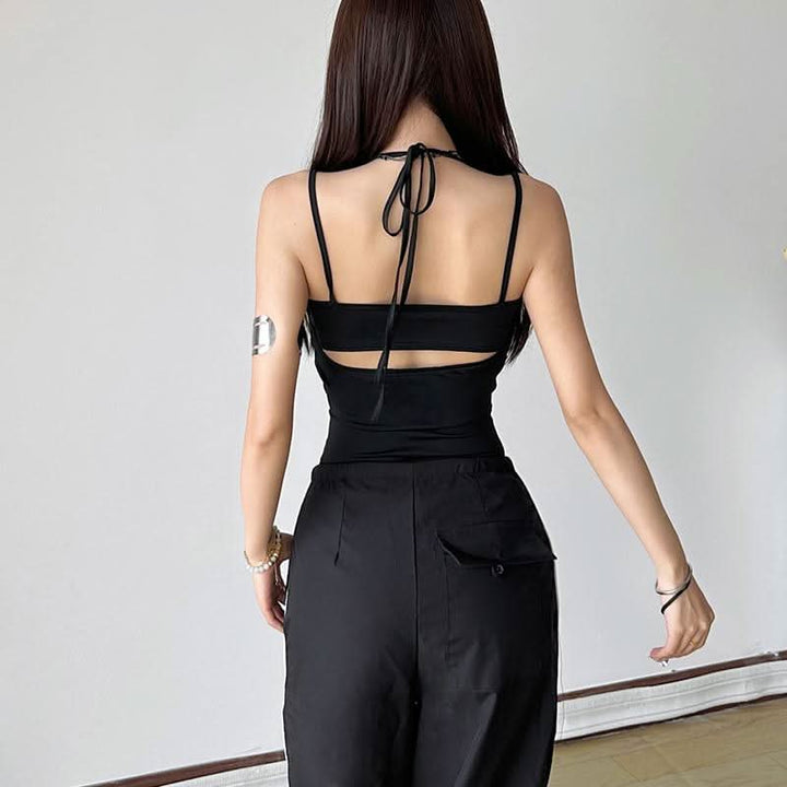 Halter v neck hollow out 2 piece cami bodysuit-final-sale