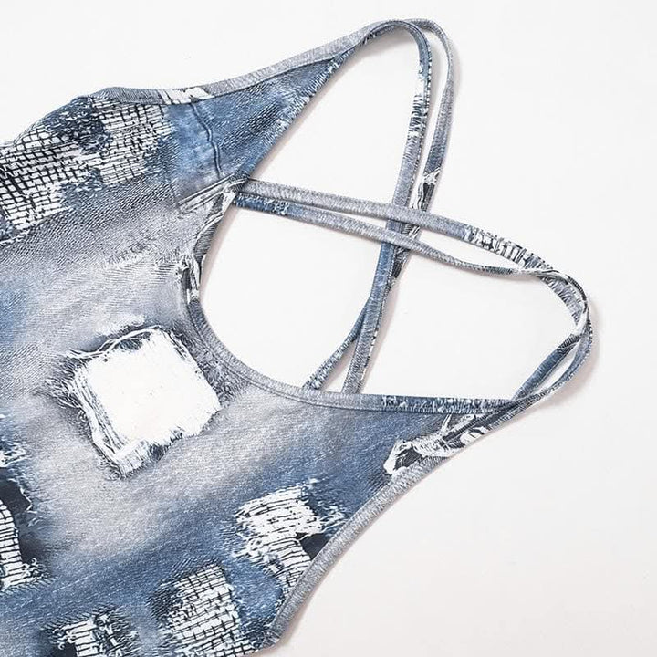Denim print cross back u neck sleeveless jumpsuit-final-sale  | Festival Outfits Women